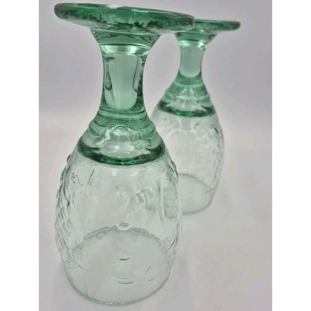 Set of 2 VTG Libbey Glass Orchard Fruit Pattern Green Tinted Footed Goblets 7